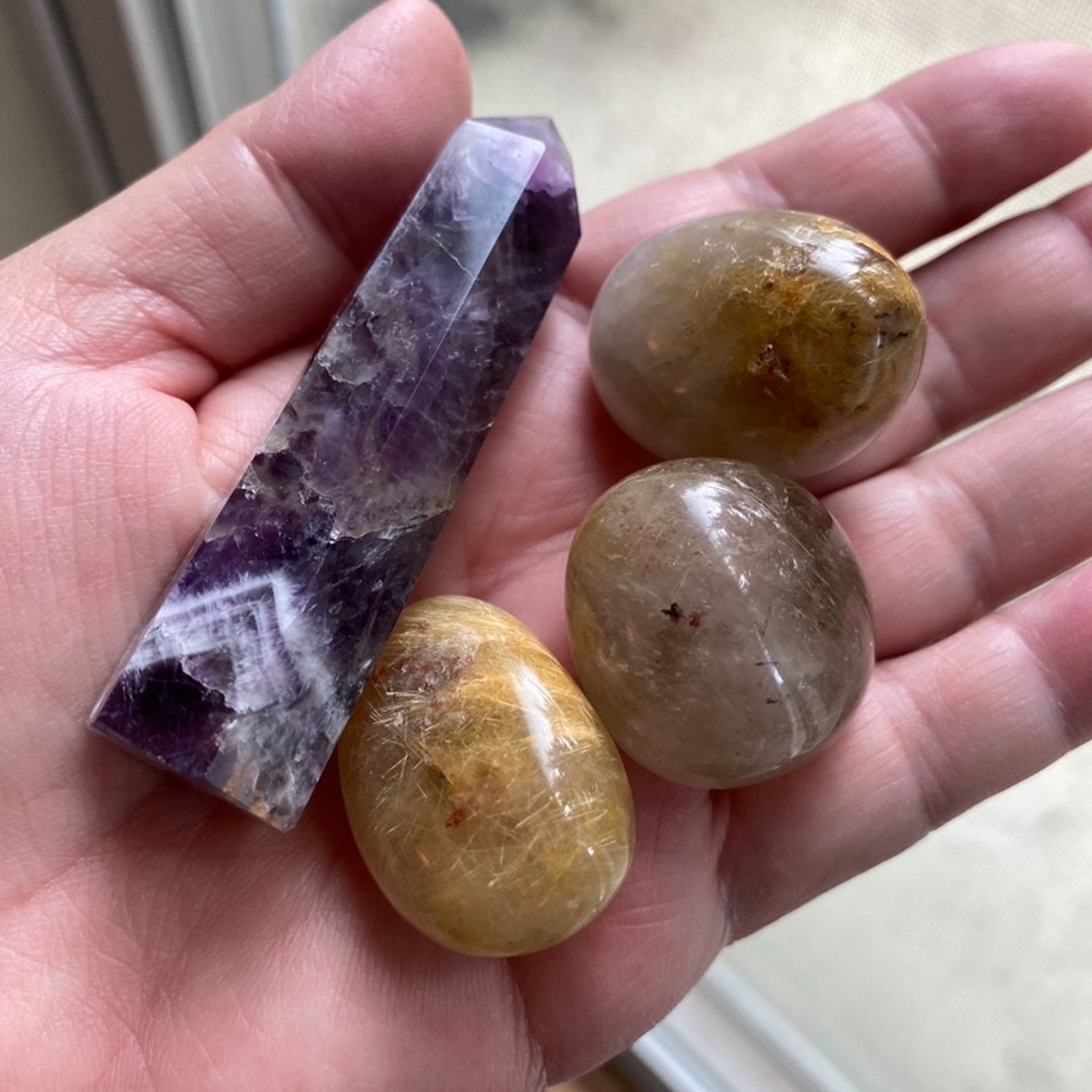 Dream Amethyst Tower and Rutilated Stones